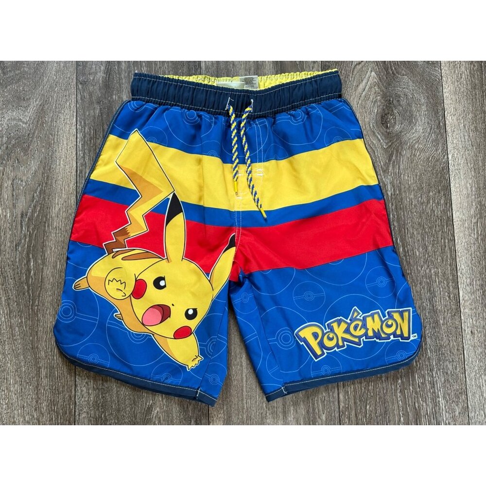 NINTENDO POKEMON BOYS PIKACHU SWIM TRUNKS SHORTS SIZE 8 BACK POCKET DRAWSTRING